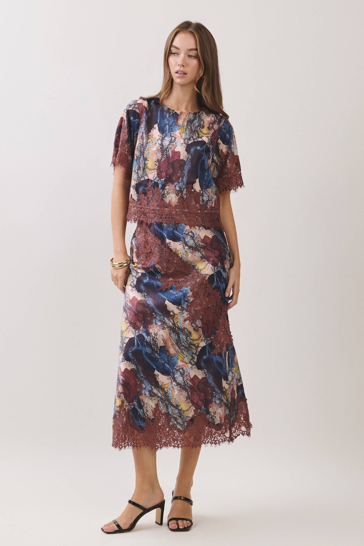 TCEC Abstract Print Lace Trim Midi Skirt