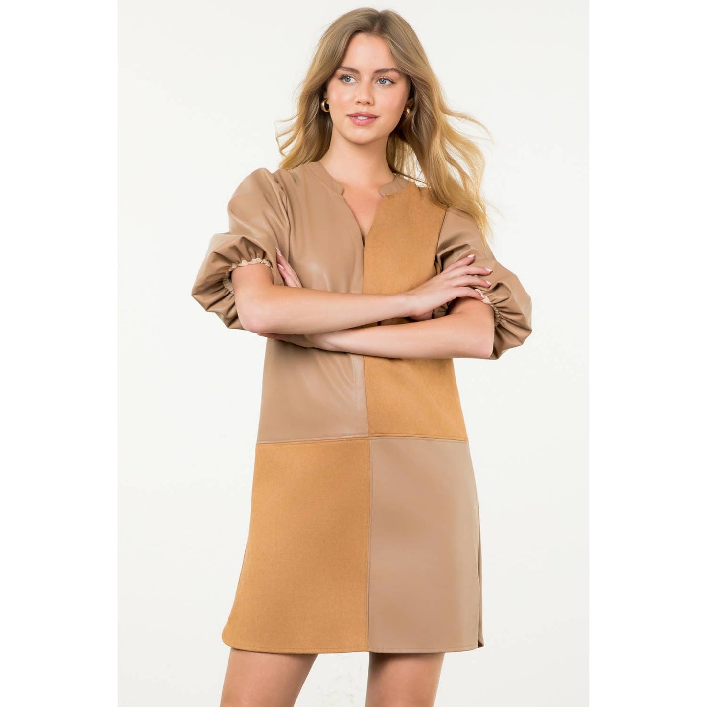 Mixed Media Puff Sleeve Dress