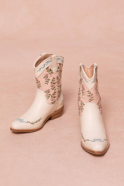 Mini Cream & Pink Rosemary Cowgirl Boots