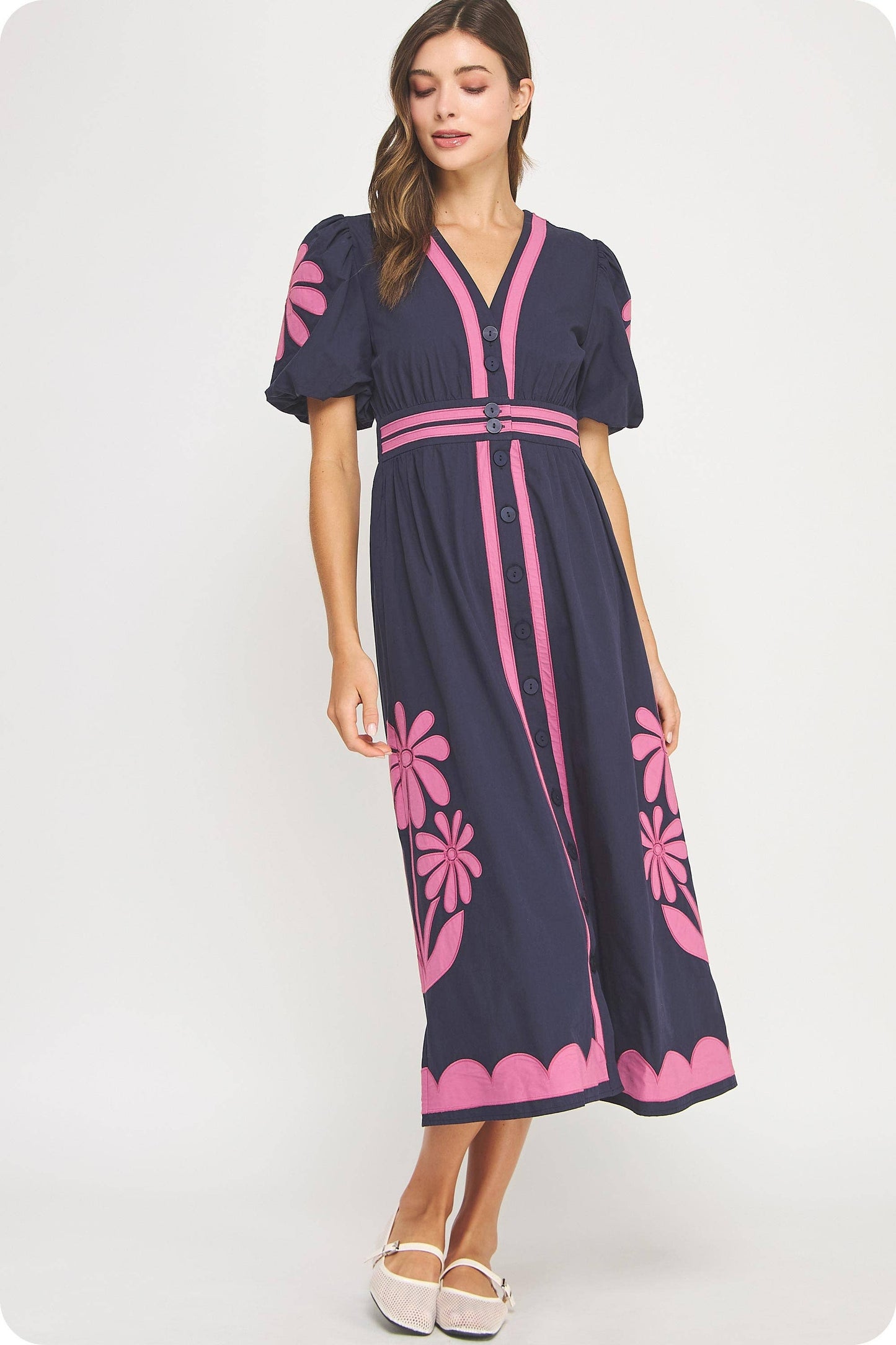 Flower Patch Contrast Embroidery Midi Dress