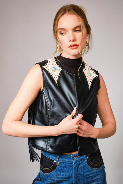 Faux Leather Fringe Studded Western Vest