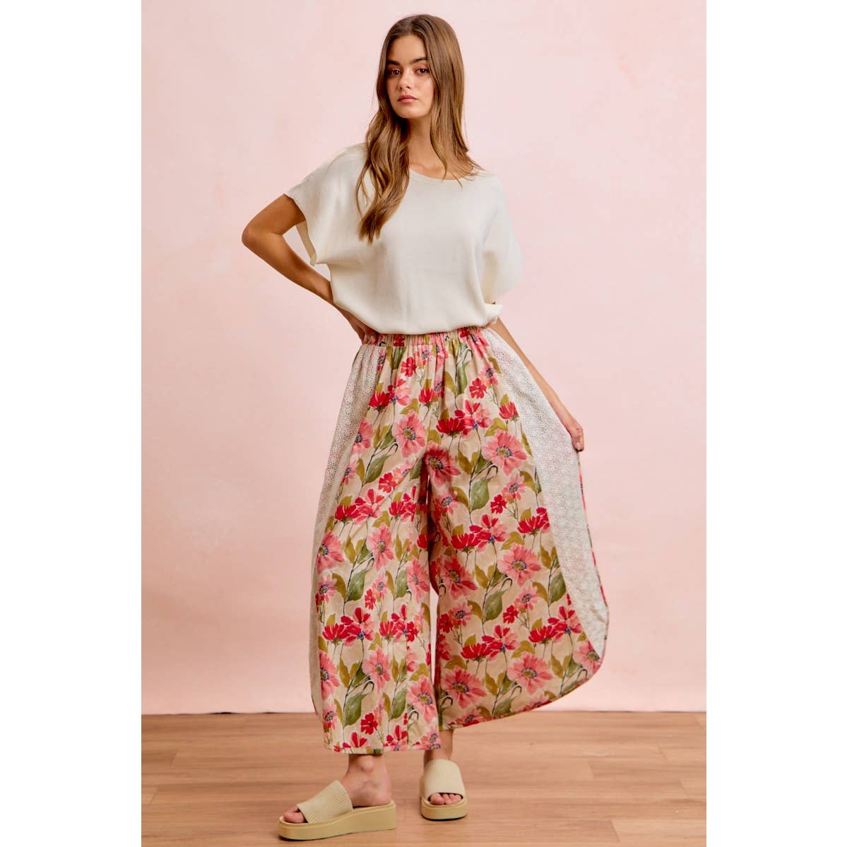Floral Eyelet Side Elastic Waist Wide Leg Pants