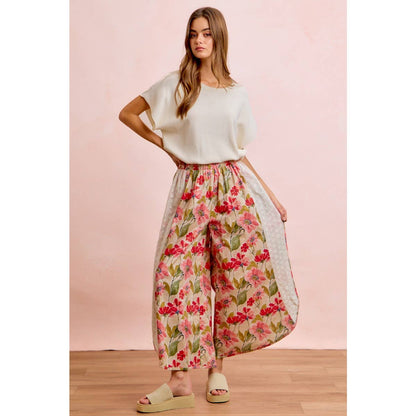 Floral Eyelet Side Elastic Waist Wide Leg Pants