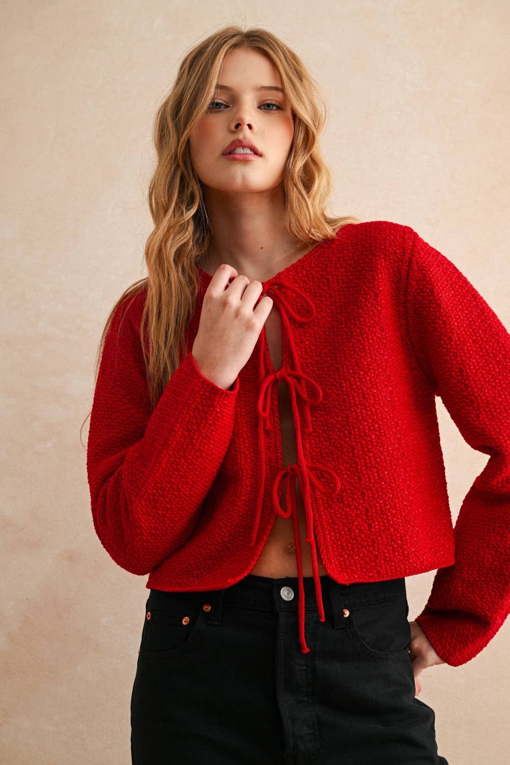 Red Tie Front Long Sleeve Cardigan