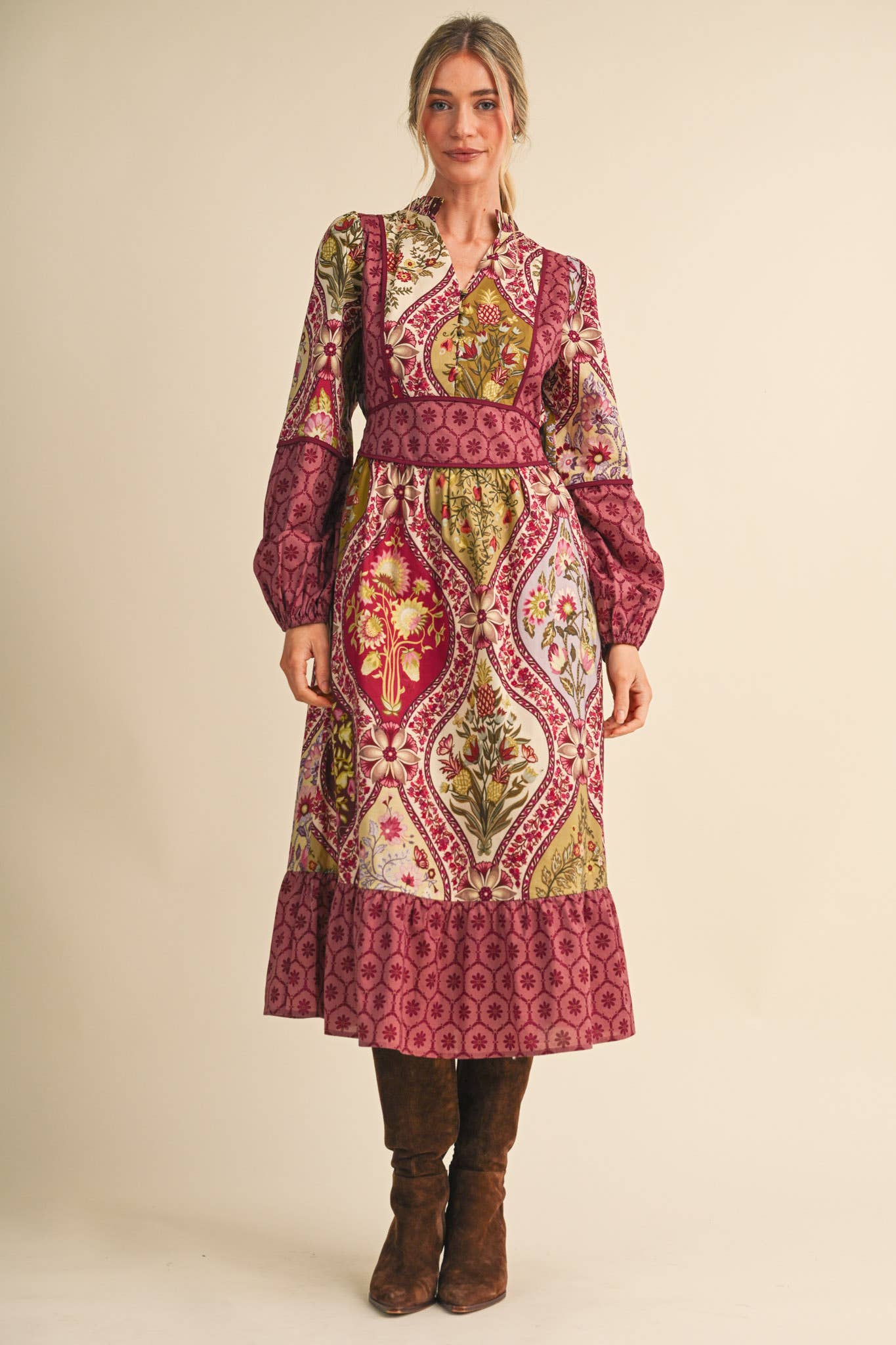 Mixed Floral Print Midi Dress