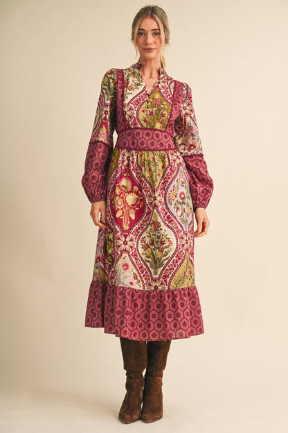Mixed Floral Print Midi Dress