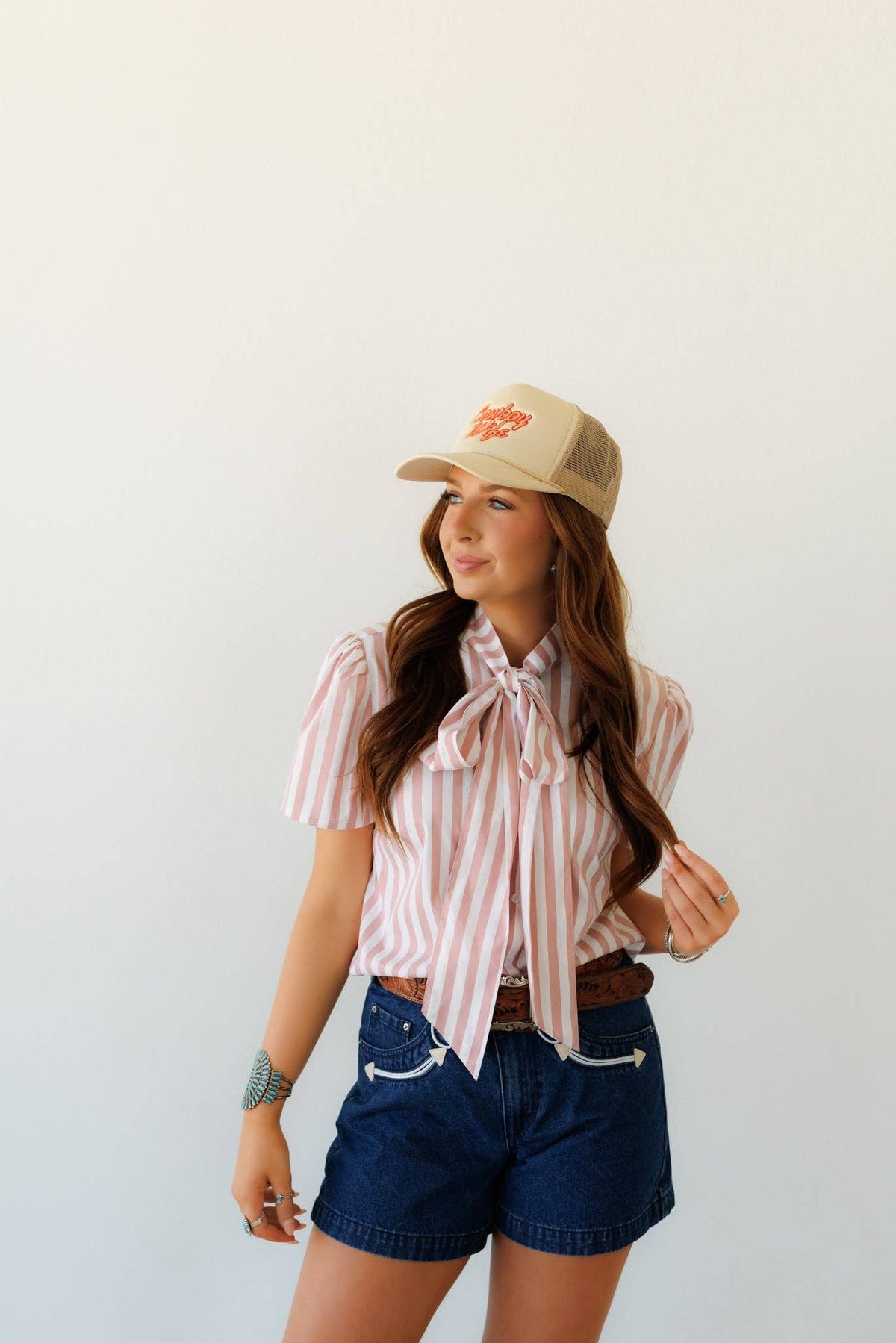 Howdy Hanny Mauve Stripe Bow Tie Blouse