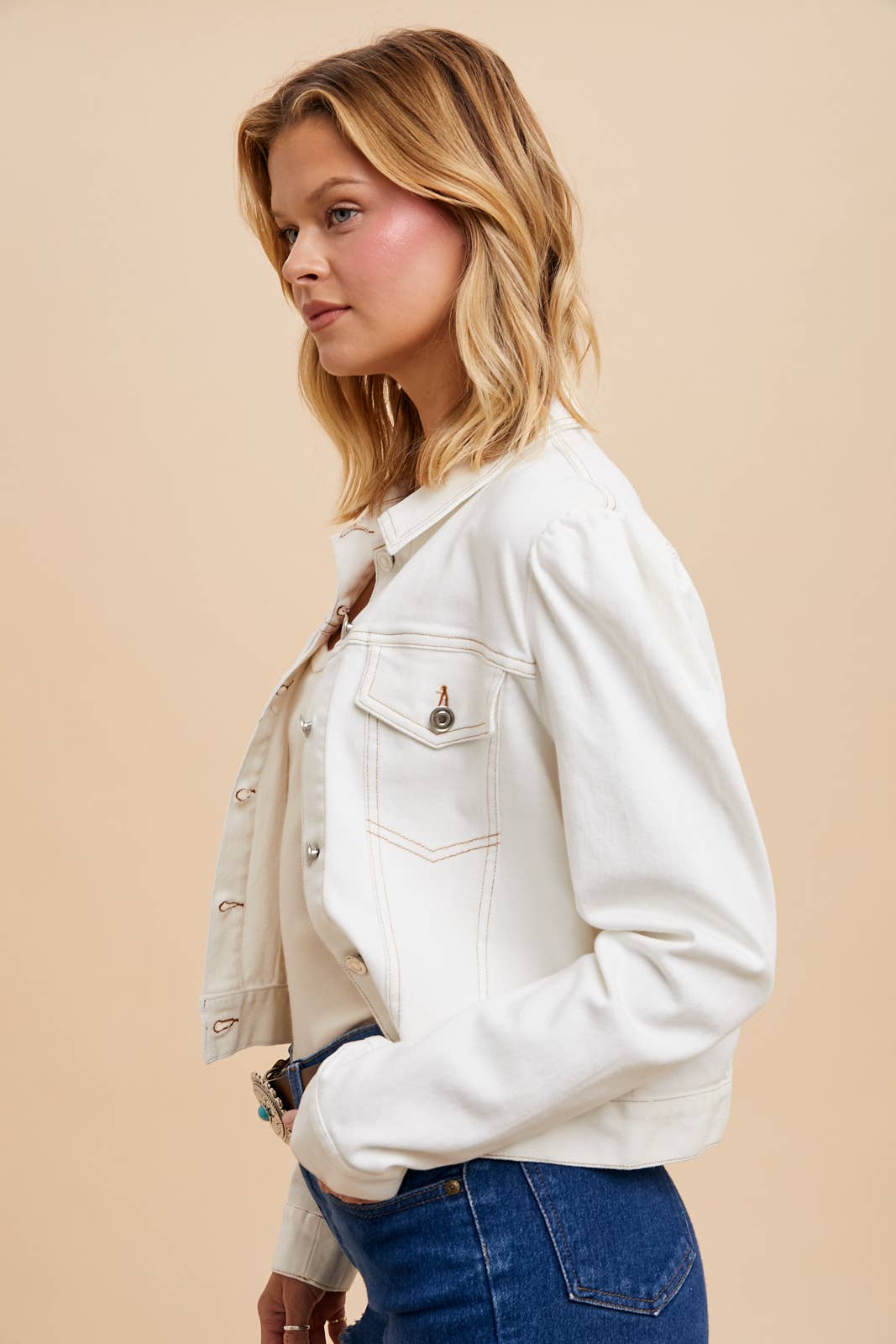 Shirred Sleeve Cropped Demin Jacket