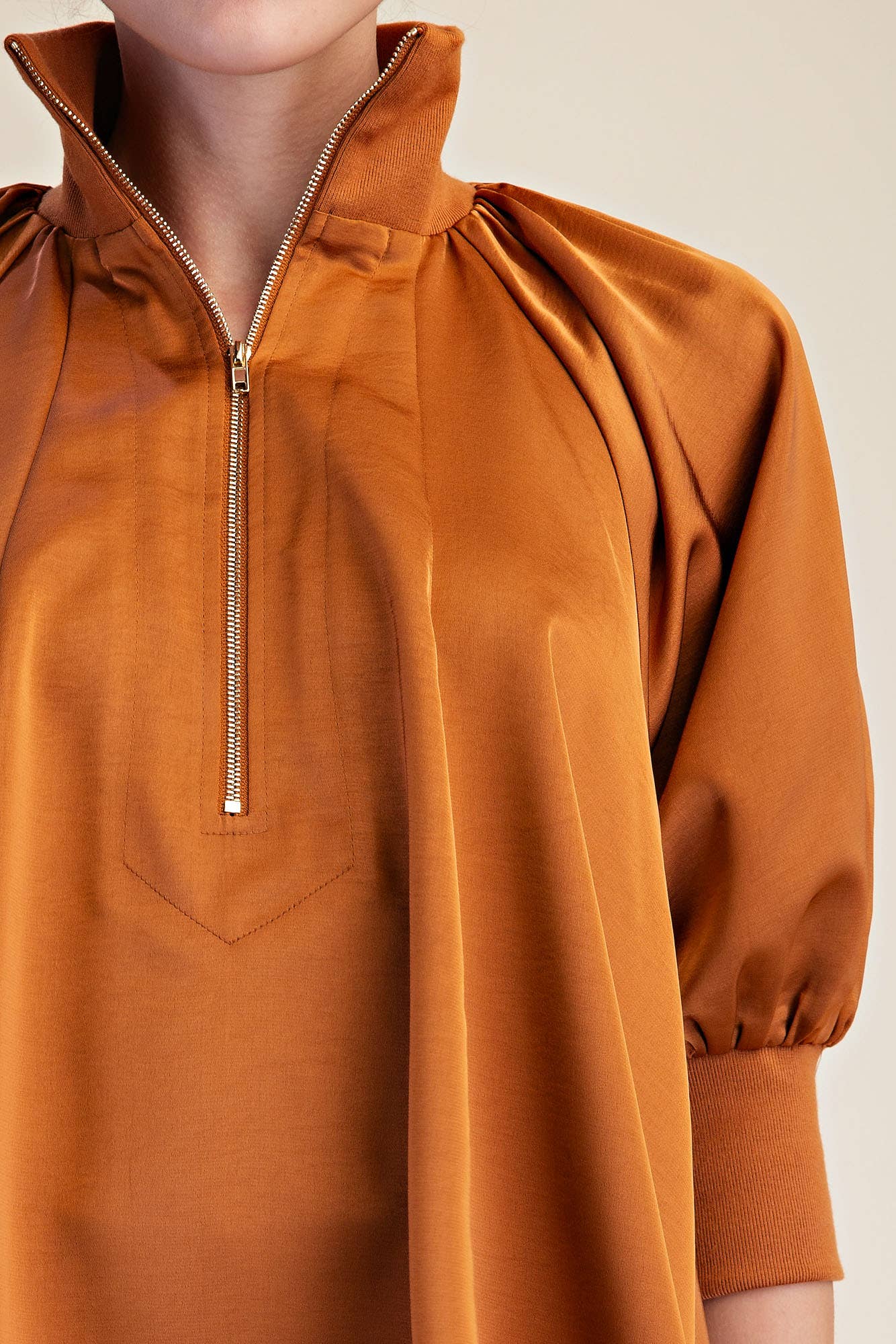 Mock Neck Half Zip Puff Sleeve Blouse