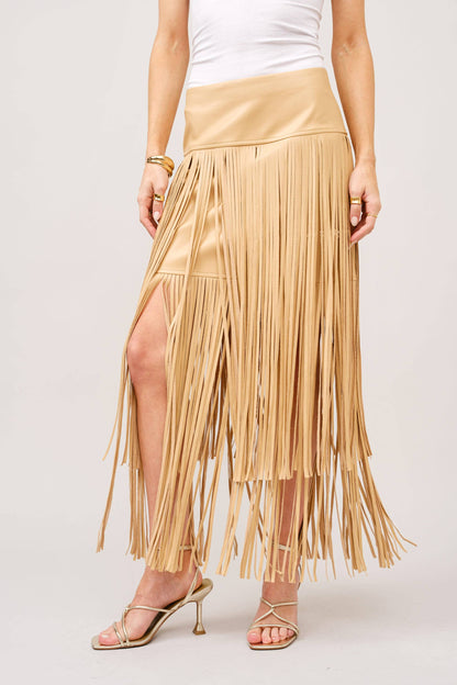 Faux Leather Tiered Fringe Maxi Skirt
