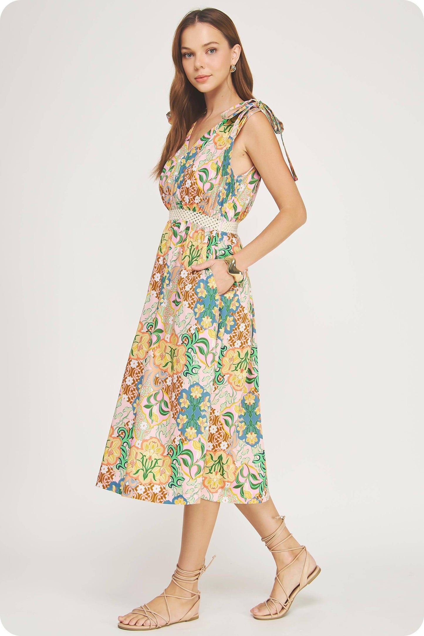 Garden Party Tie Shoulder Crochet Waist Midi Dress