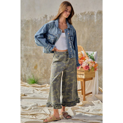 CAMOUFLAGE DENIM RUFFLED HEM MID RISE BLOOMER PANTS