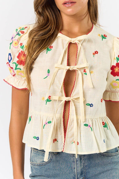 Front Tie Colorful Embroidered Short Sleeve Top