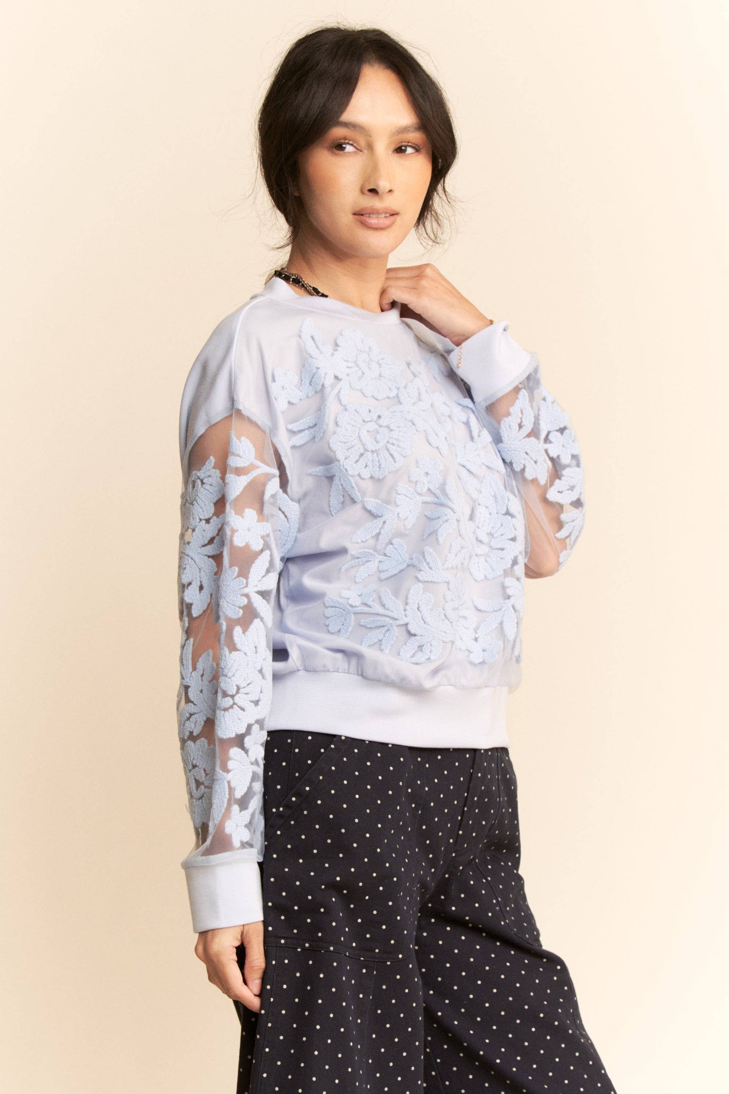 Sheer Floral Embroidered Sweatshirt