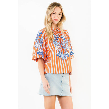 Puff Sleeve Embroidery Detail Striped Top
