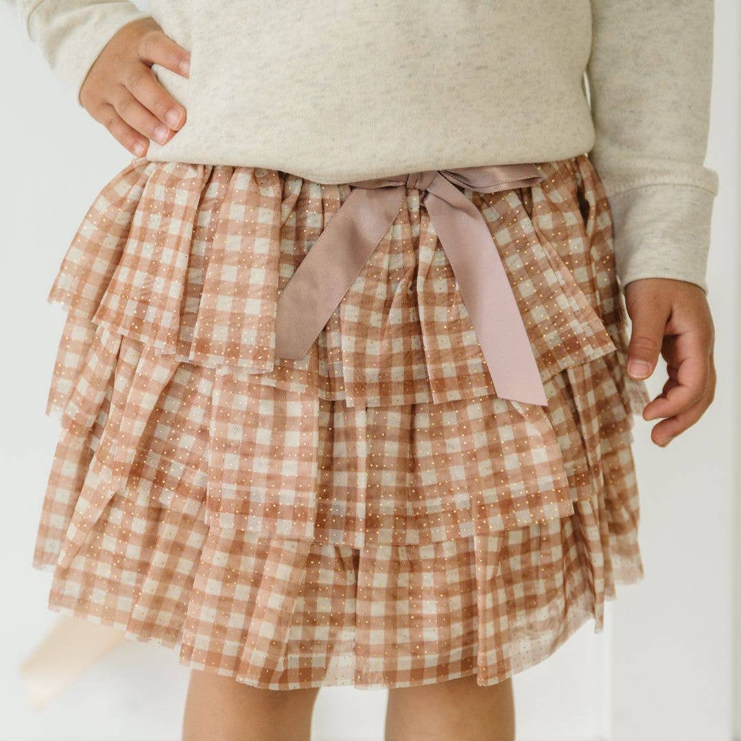 Gingham Printed Tulle Tiered Skirt