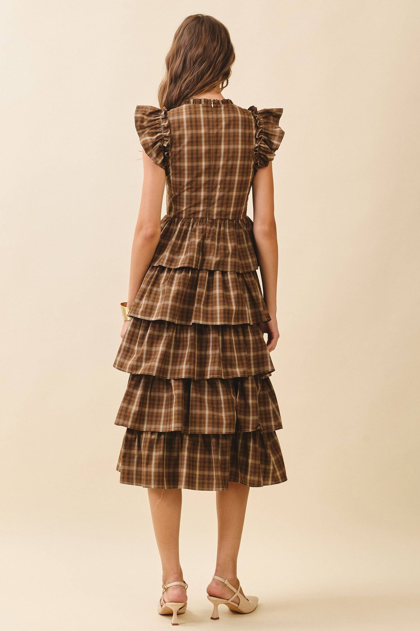 Plaid Round Neck Ruffled Cap Sleeves Midi Dress