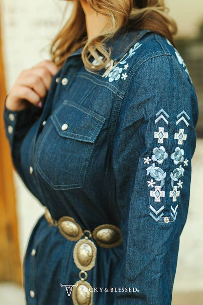 Denim Embroidered Long Sleeve Pearl Snap Dress