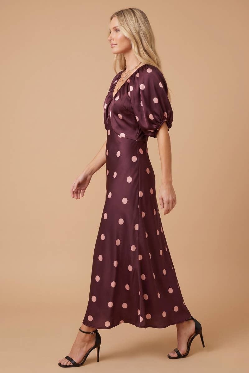 J.NNA Satin Polka-Dot V Neck Maxi Dress