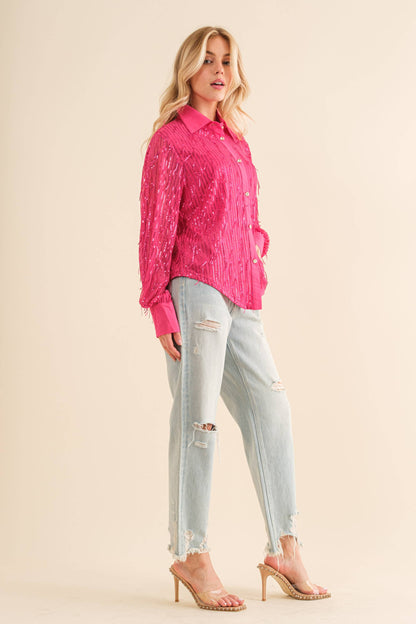 Sequin Stripe Fringe Button Up Shirt Blouse