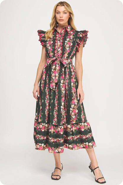 Ruffle Scallop Embroidery Floral Midi Dress