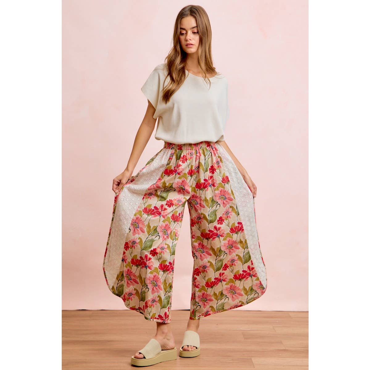 Floral Eyelet Side Elastic Waist Wide Leg Pants