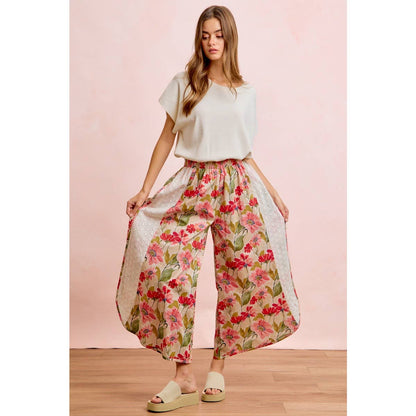 Floral Eyelet Side Elastic Waist Wide Leg Pants