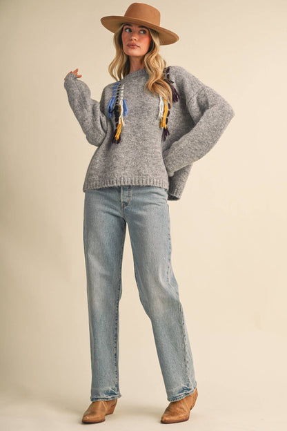 &MERCI Hand Stitched Fringe Accent Sweater