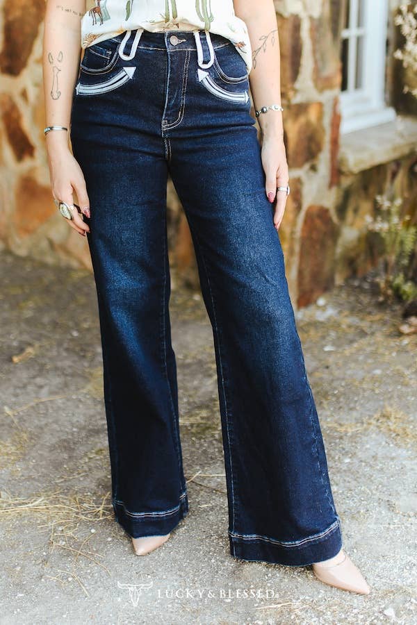 Dark Wash Stretch Denim Western Wide Leg Jeans
