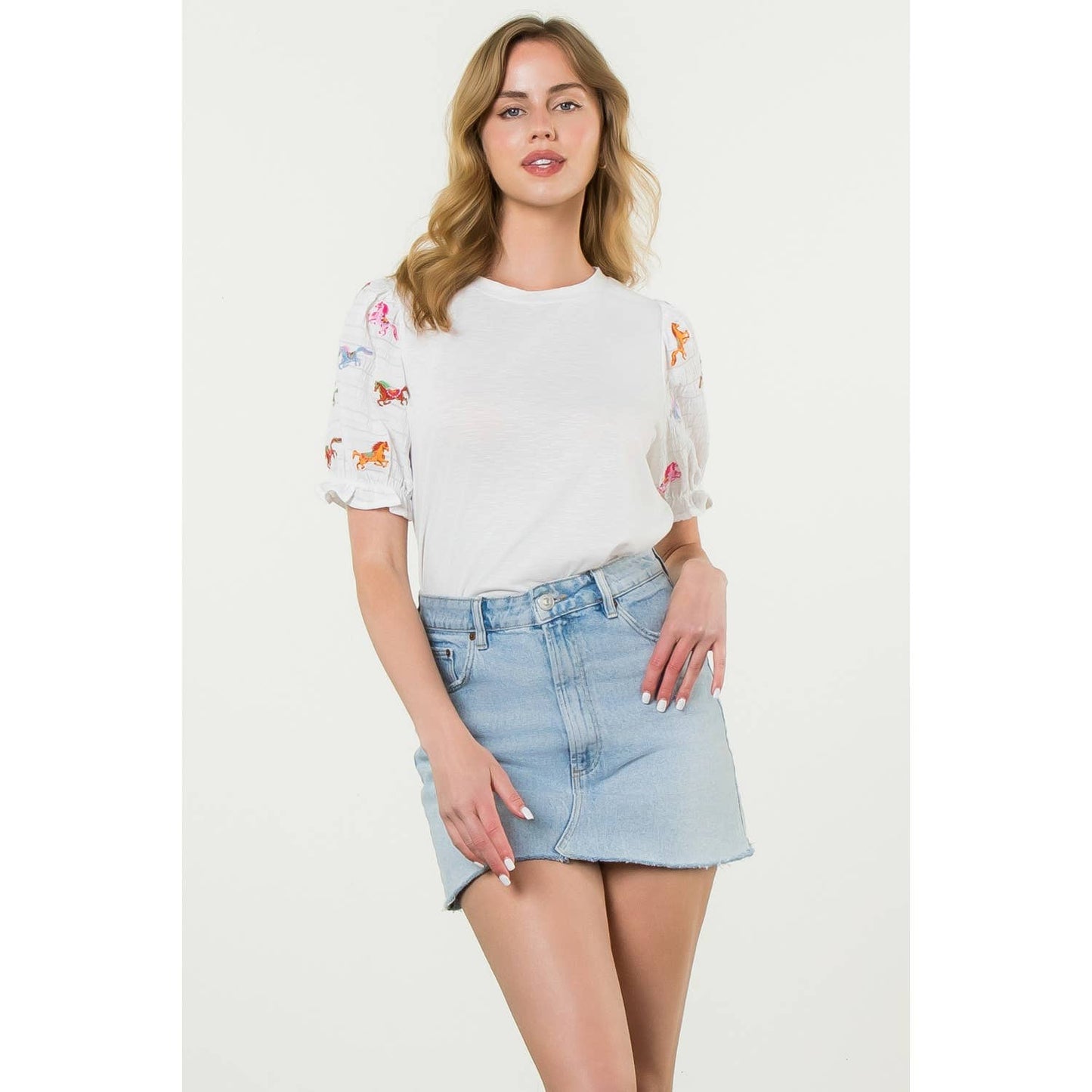 Embroidered Textured Puff Sleeve Top