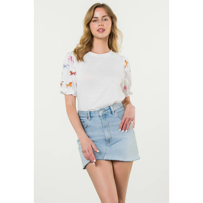 Embroidered Textured Puff Sleeve Top