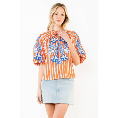 Puff Sleeve Embroidery Detail Striped Top