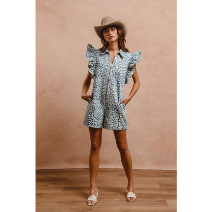 LEOPARD PRINT DENIM RUFFLE SLEEVES ROMPER
