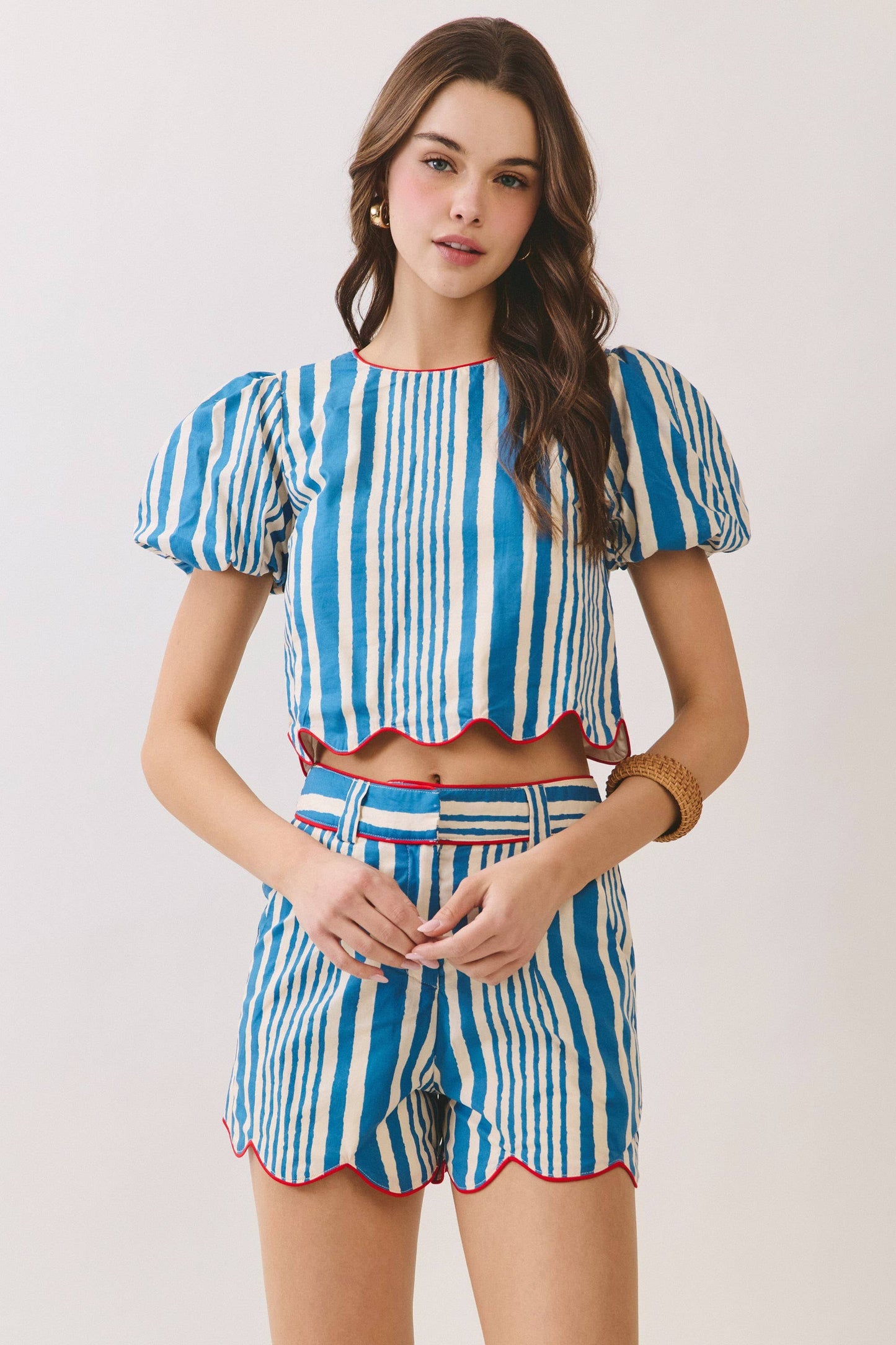 Stripe Scalloped Puff Sleeve Crop Top and Piping Detail Scalloped Shorts Set