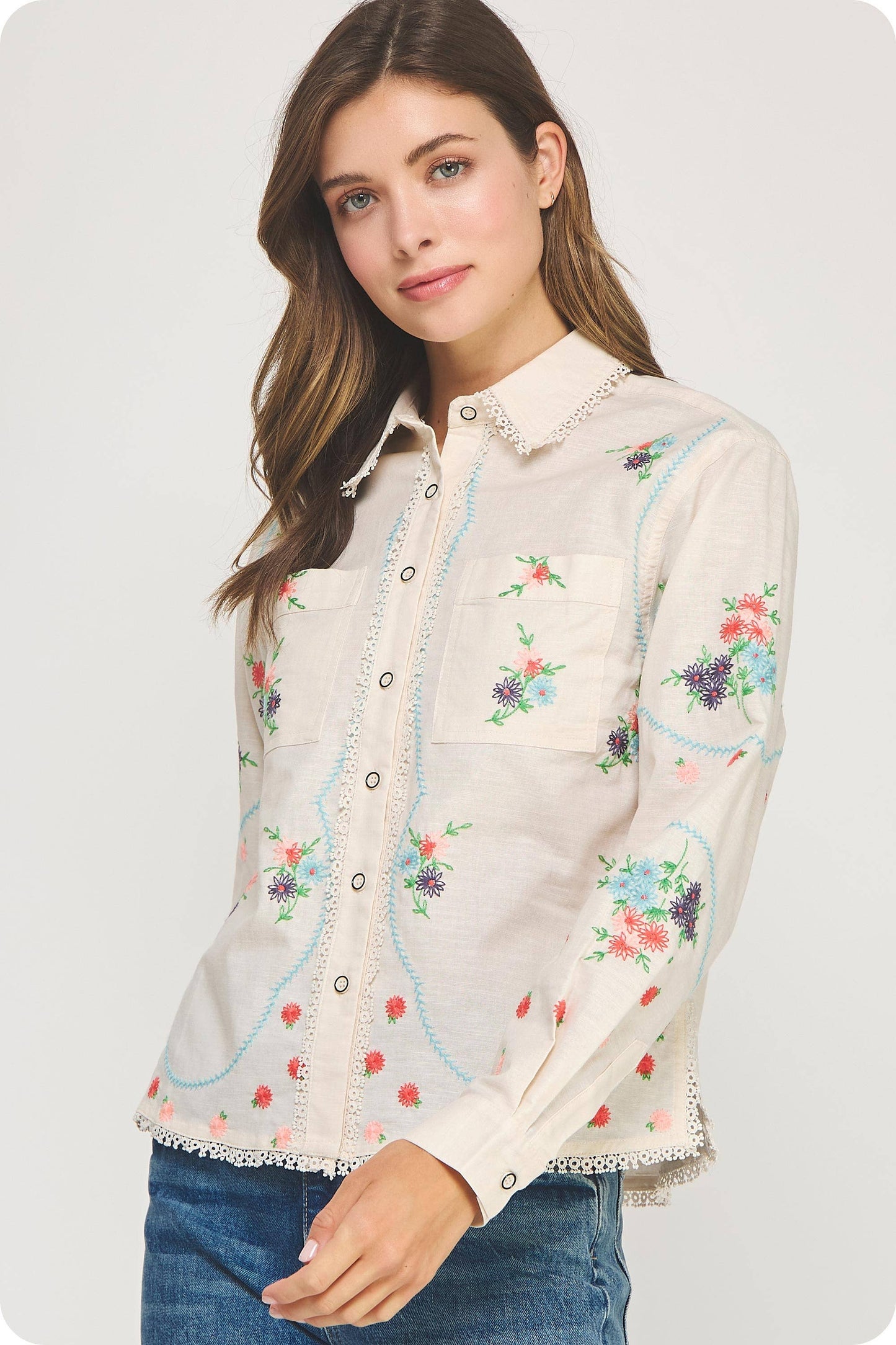 Flower Embroidery Long Sleeve Linen Shirt