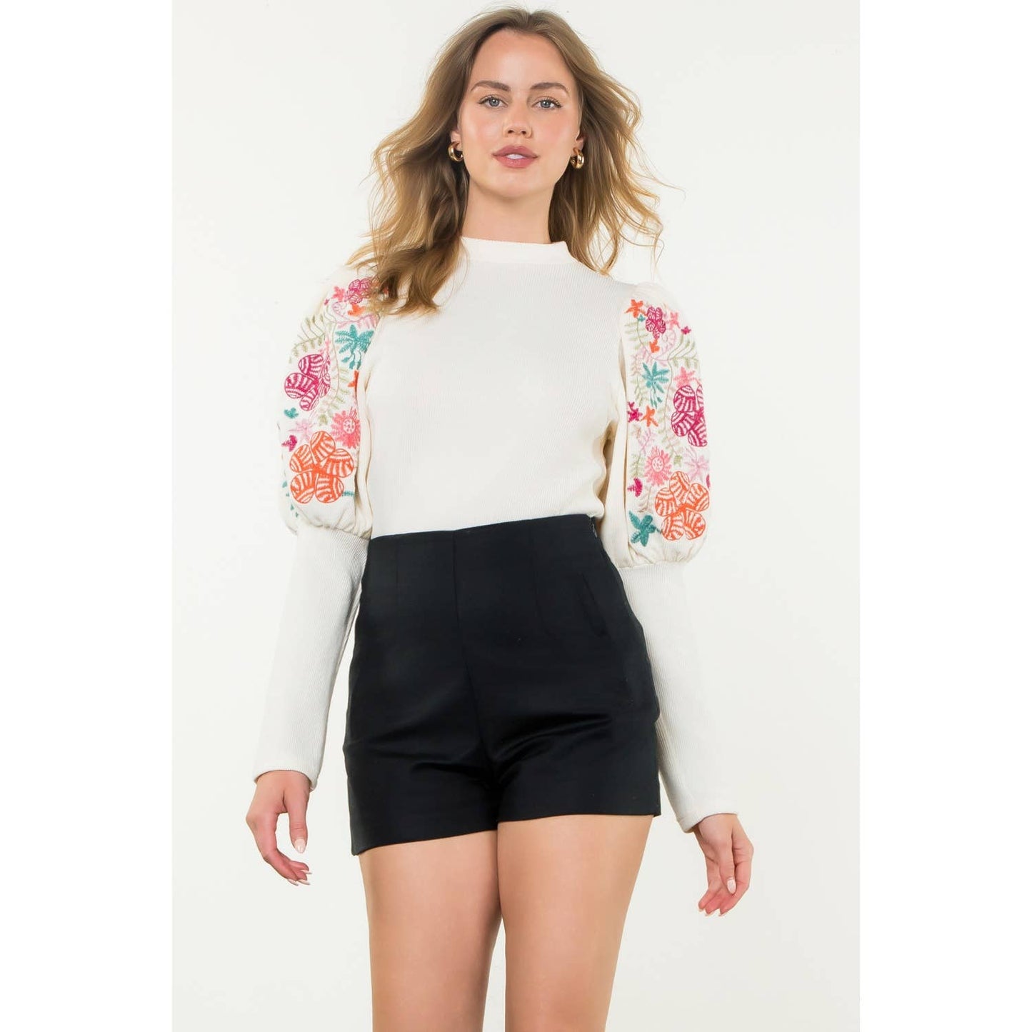 Embroidered Bishop Sleeve Sweater Top