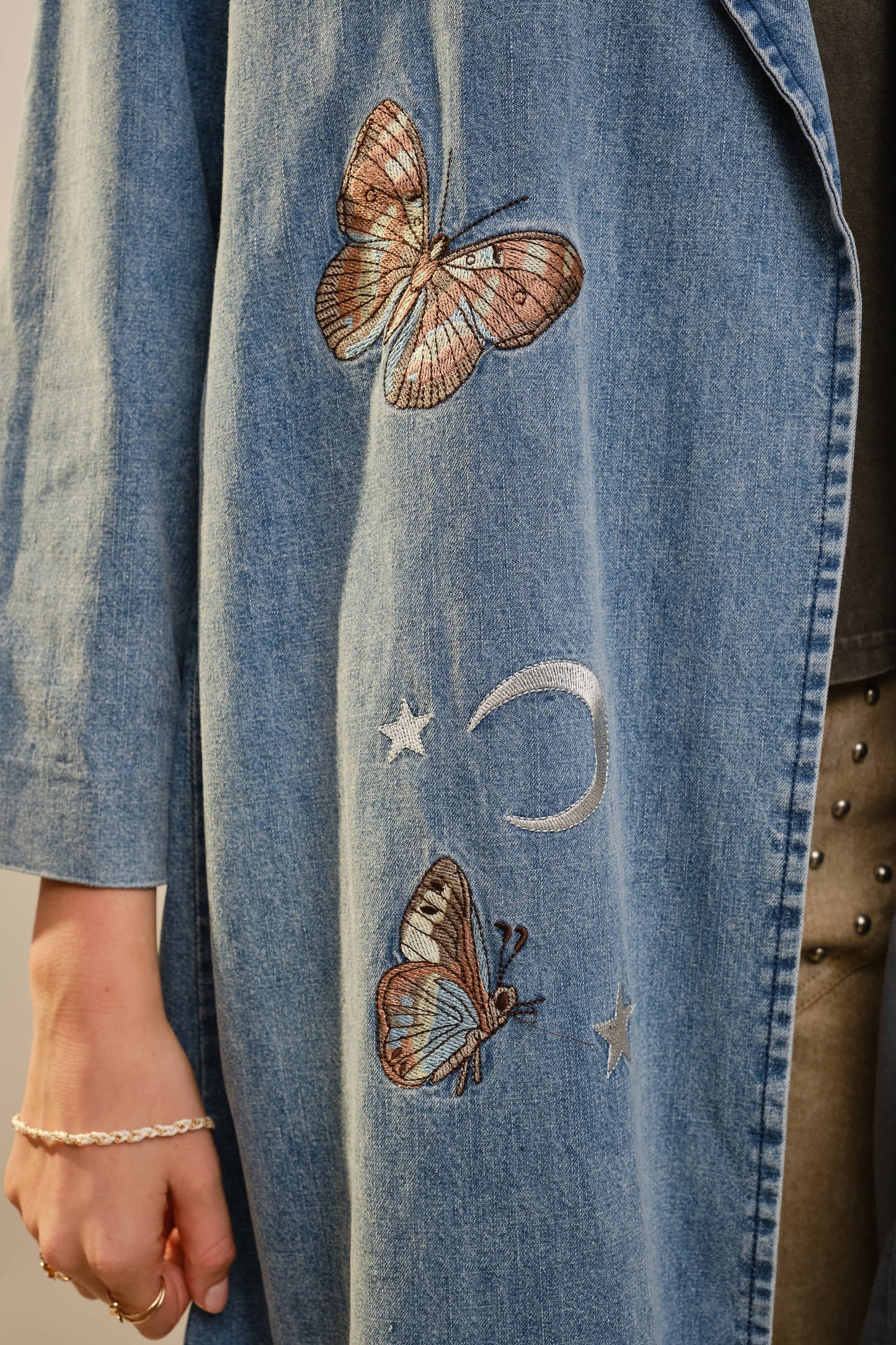 Denim Trench Coat With Embroidery