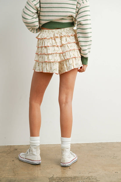 Tiered Ruffled Floral-Printed Mini Skort