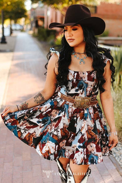 Jacquard Woven Ruffle Strap Flutter Horse Dress