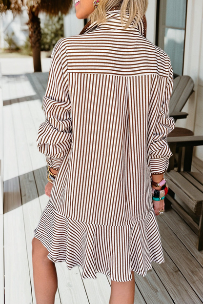 Stripe Shirt Collar Embroidered Trim Ruffle Hem Dress