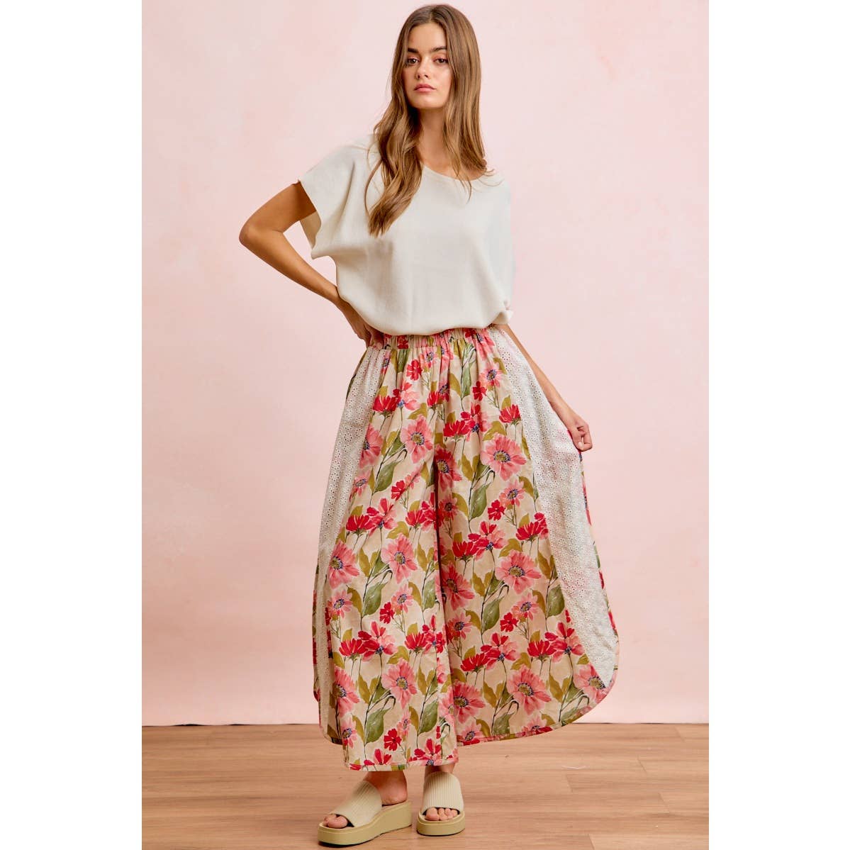 Floral Eyelet Side Elastic Waist Wide Leg Pants