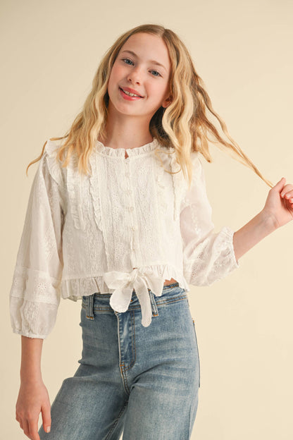 Tween Girls Cropped Button Down Blouse
