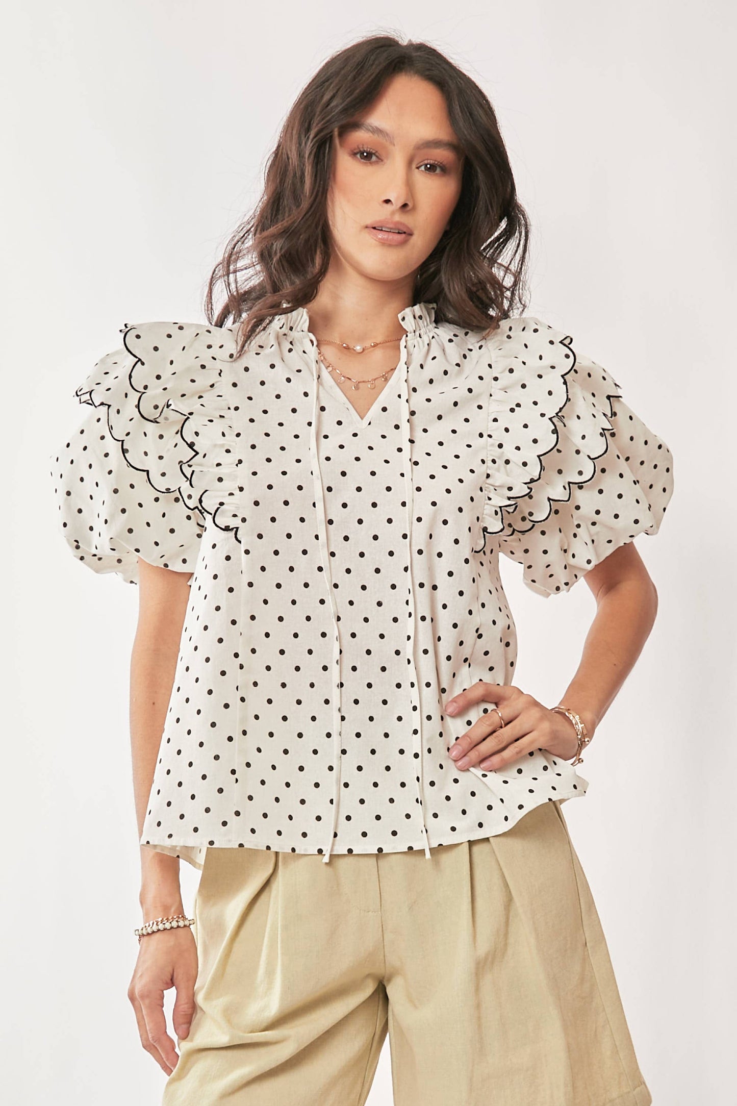Polka Dot Contrast Ruffle Puff Sleeve Blouse