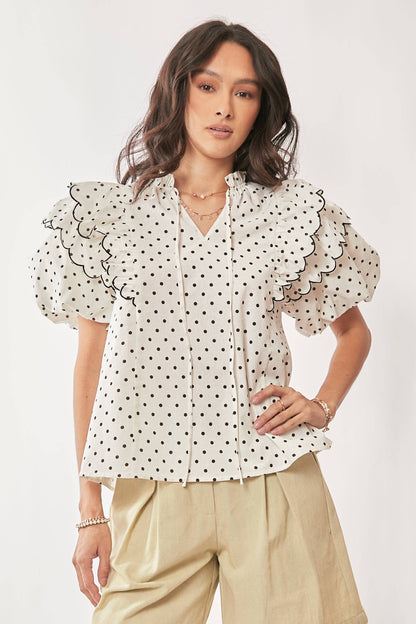 Polka Dot Contrast Ruffle Puff Sleeve Blouse