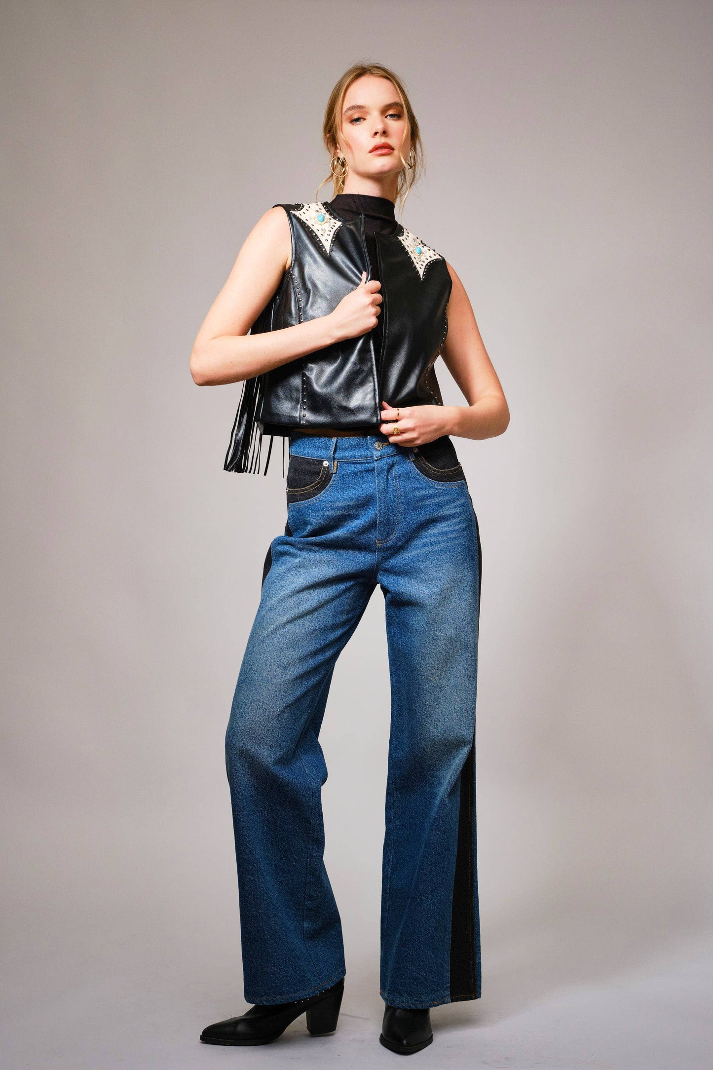 Faux Leather Fringe Studded Western Vest