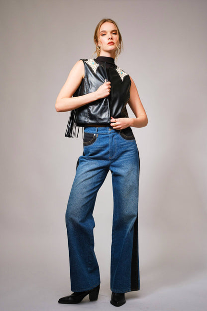 Faux Leather Fringe Studded Western Vest