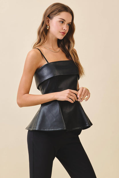 Faux Leather Foldover Detail Peplum Top