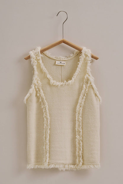 Frayed Trim Textured Knit Sleeveless Top