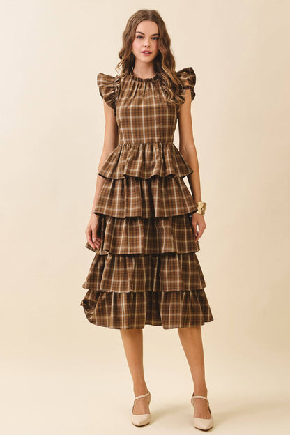 Plaid Round Neck Ruffled Cap Sleeves Midi Dress