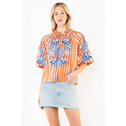 Puff Sleeve Embroidery Detail Striped Top